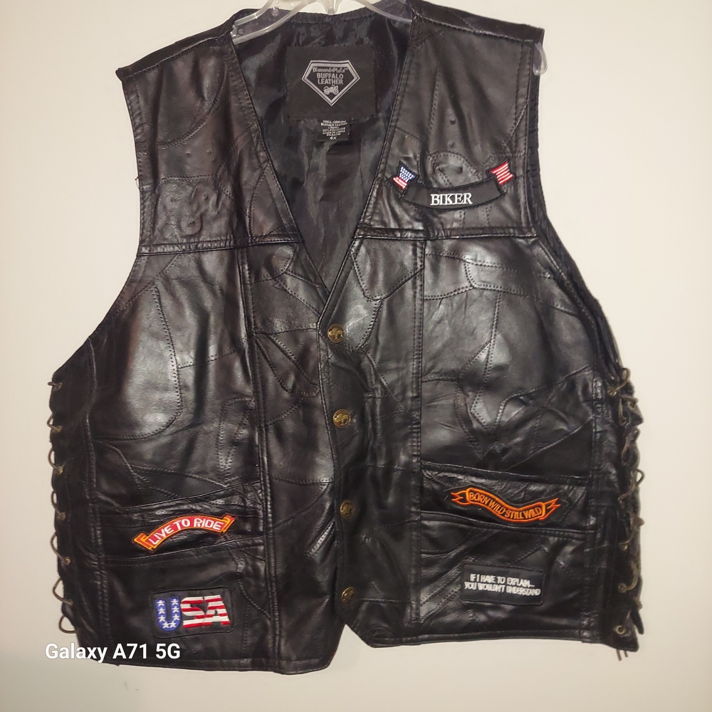 Men's Black Leather Biker Vest with Patches